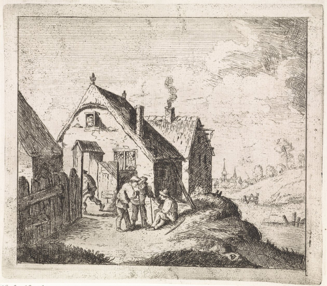 Tre menn snakker i et hus av David Teniers (II)