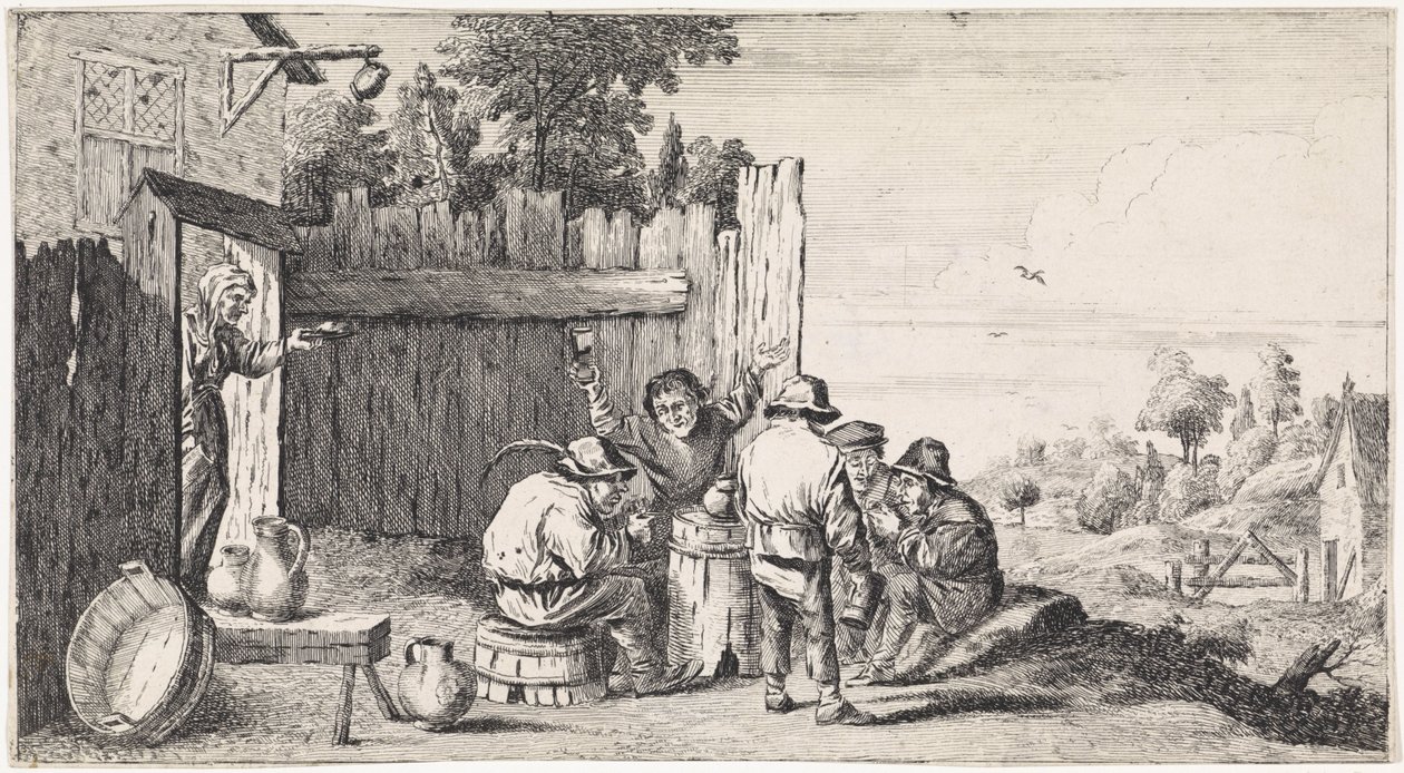 Fem bønder rundt tonnet Friluftssjangerscener (serietittel) av David Teniers (II)