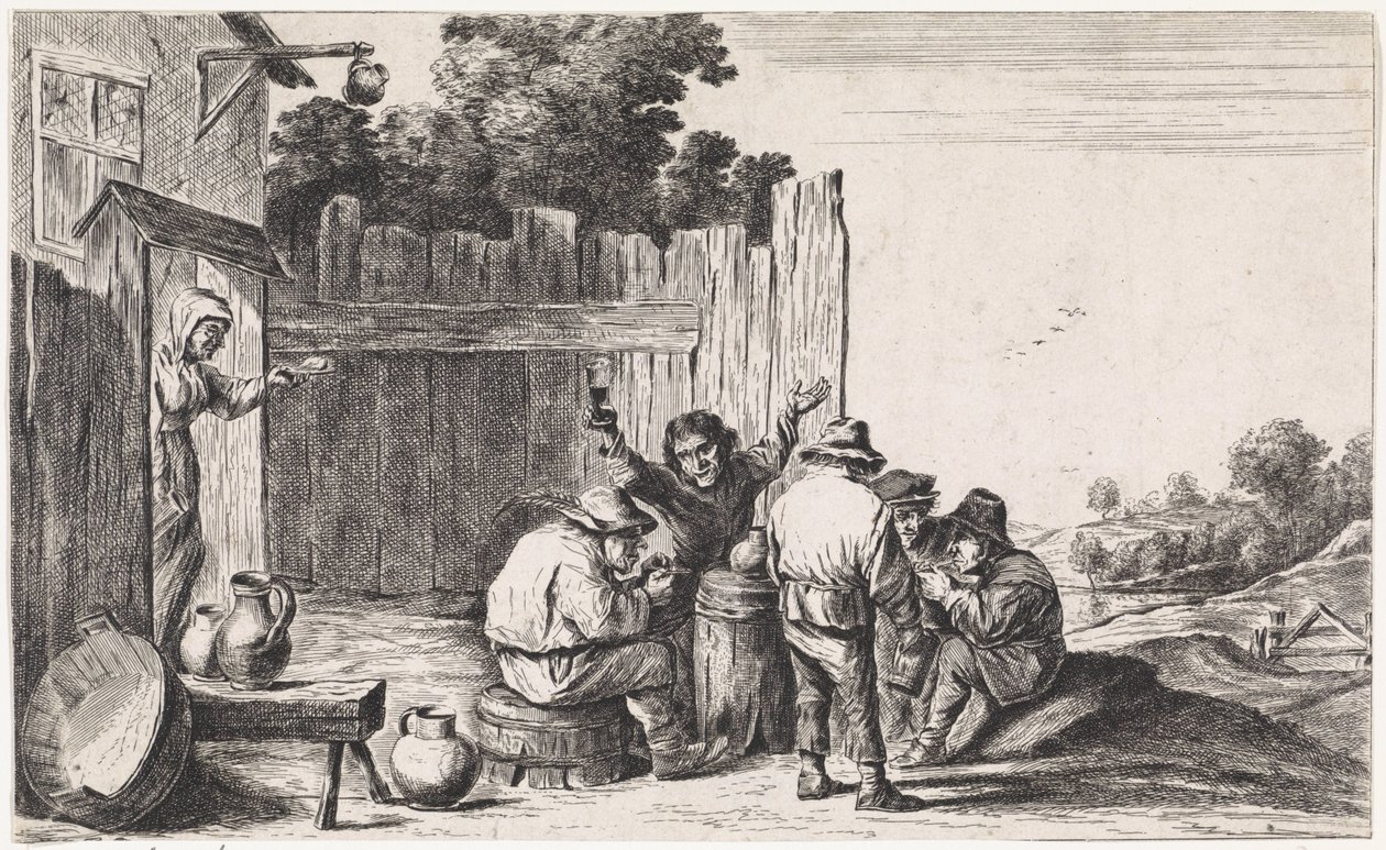 Fem bønder rundt tonnet Friluftssjangerscener (serietittel) av David Teniers (II)