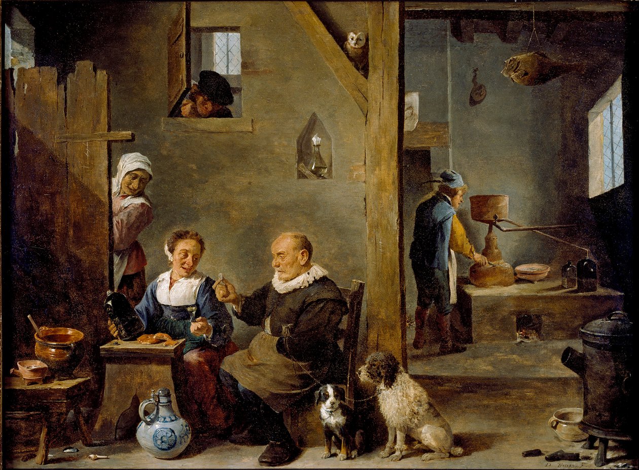 Et destilleri med en eldre mann som kjøper gin fra en kvinne, c1640-1649 av David Teniers II