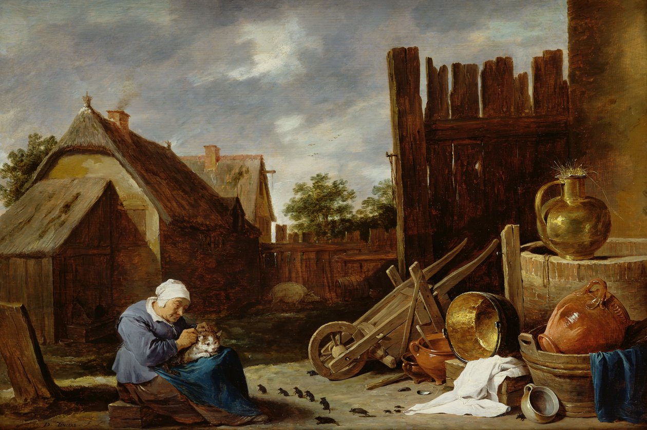 En katt passet av en gammel kvinne av David Teniers the Younger