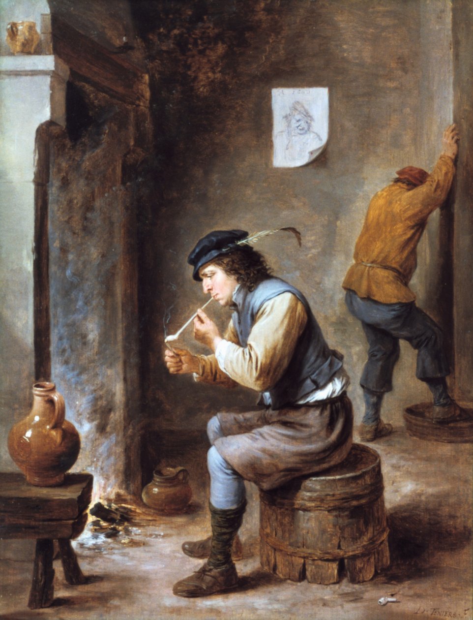 Røyker foran en brann, 1600-tallet av David Teniers the Younger