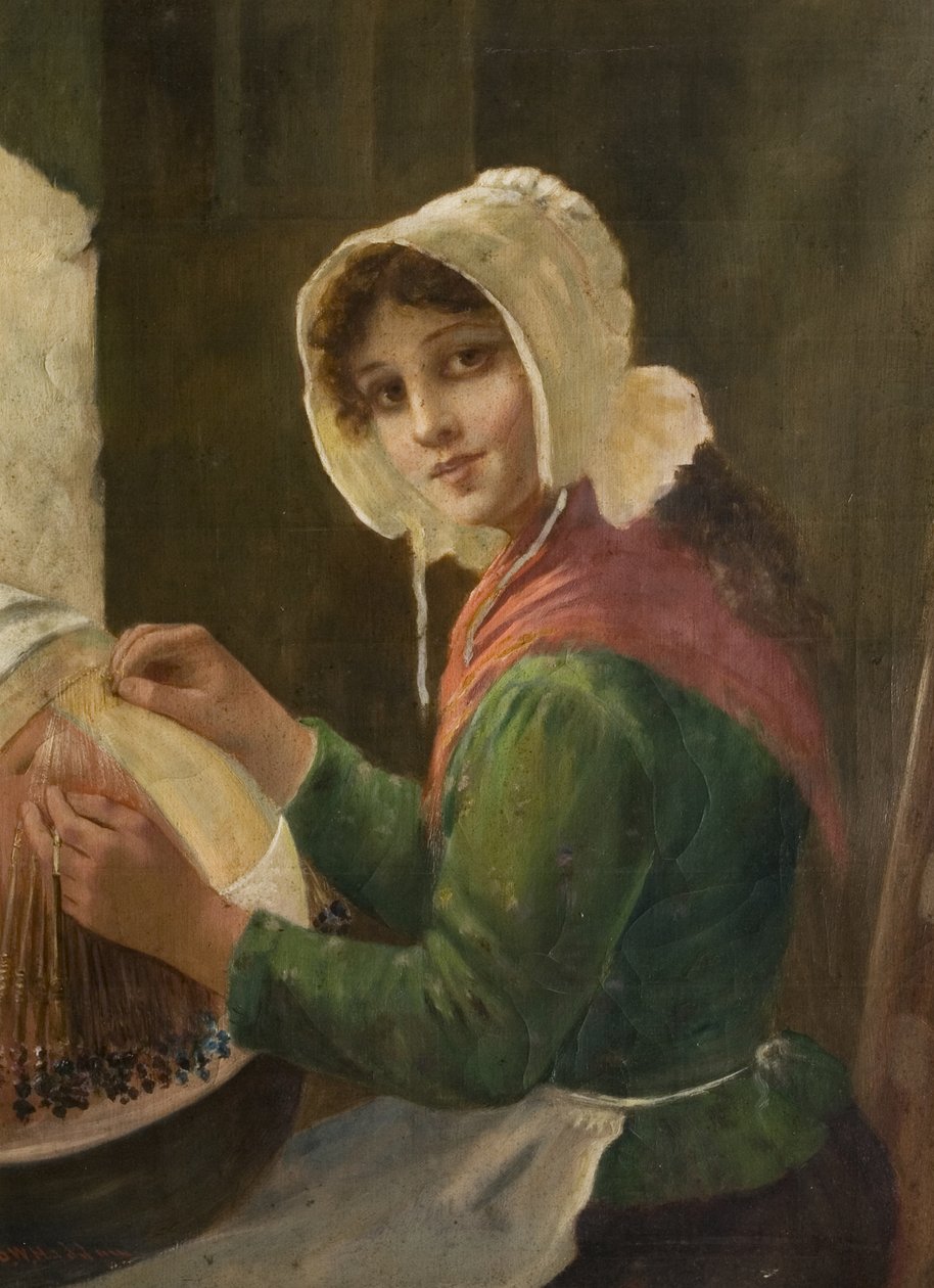Young Woman Lacemaking, sent på 1800-tallet - begynnelsen av 1900-tallet av David W. Haddon