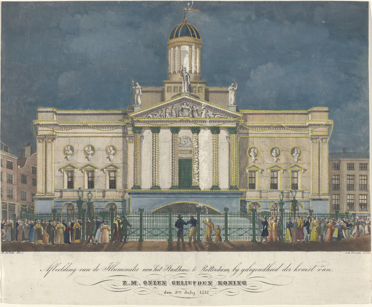 Skildring av belysningen av rådhuset i Rotterdam, i anledning ankomsten av HM Vår elskede konge den 3. juli 1837 (tittel på objekt) av David Welle