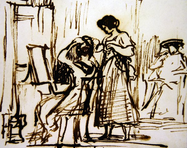Et interiør med en kvinne som kler håret (blekk på papir) av David Wilkie