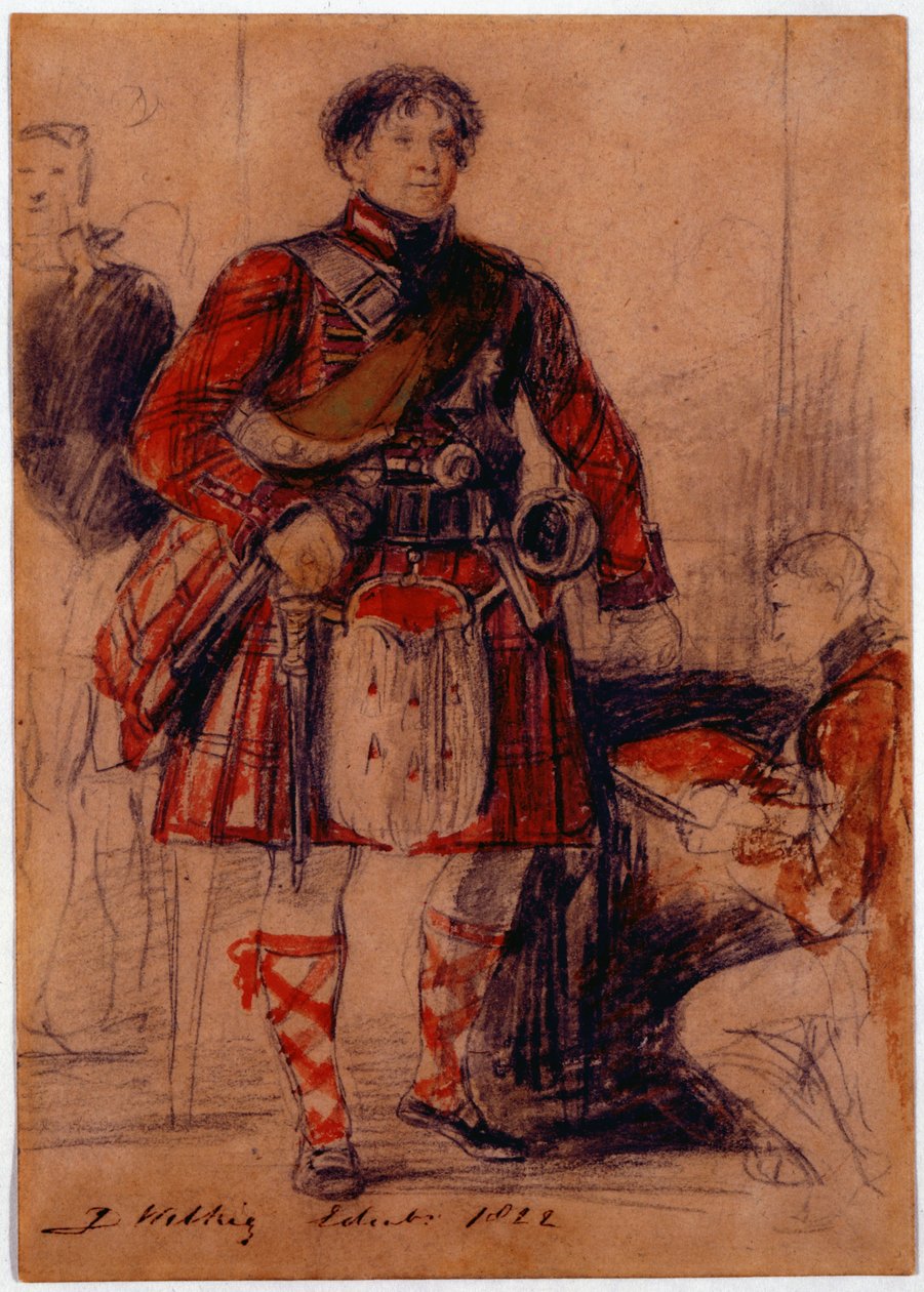 George IV i Highland Dress på Palace of Holyrood, 1822 (kritt og wc på papir) av David Wilkie