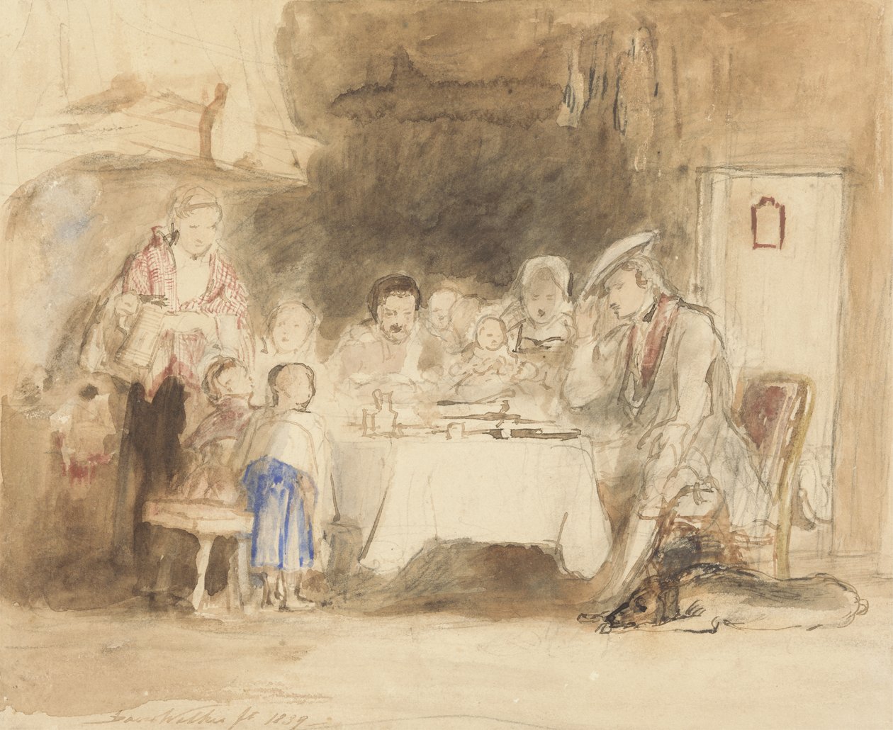 Grace before Meat, 1839 (wc med penn og blekk over grafitt på papir) av David Wilkie