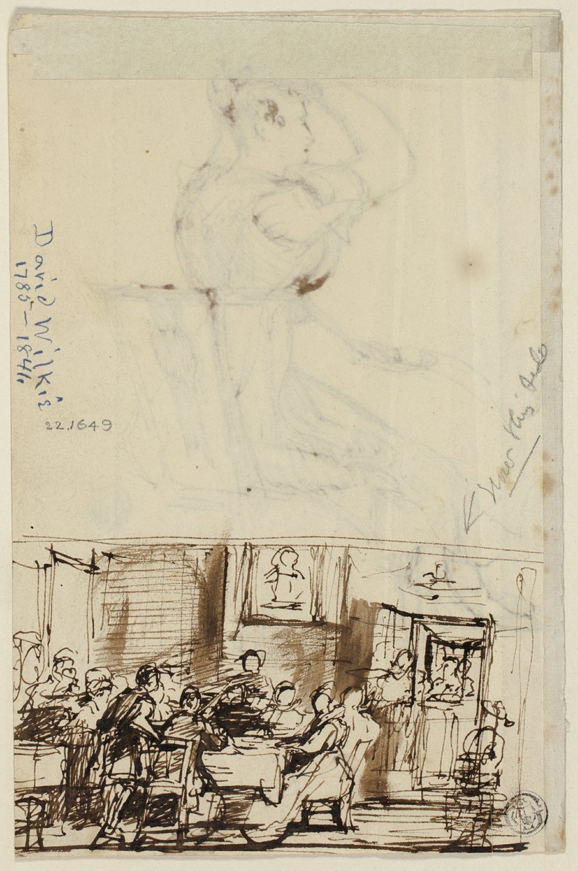 Folk ved et bord (recto), og studie for hyttetoalett (verso) av David Wilkie
