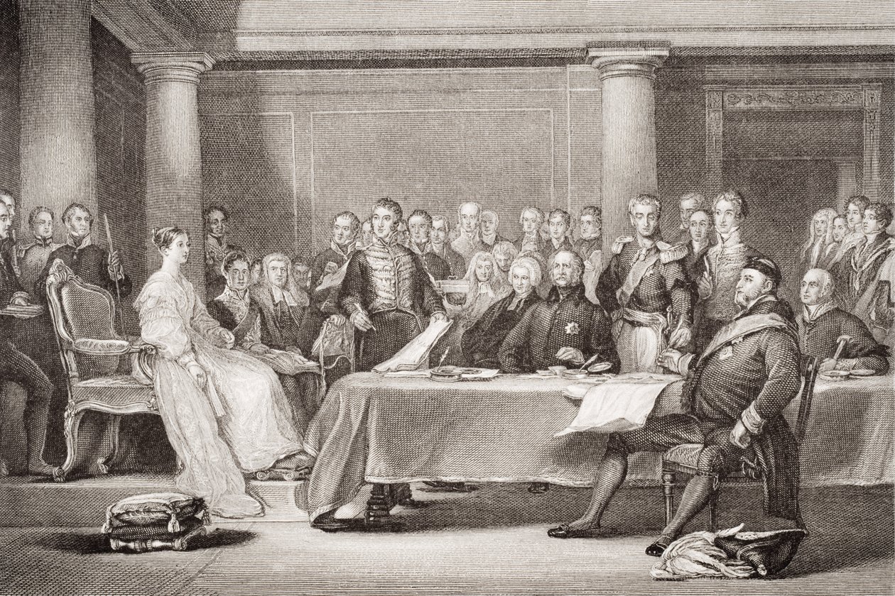 Dronning Victorias første råd, Kensington Palace, 21. juni 1837, fra "Illustrasjoner av engelsk og skotsk historie" bind II av David Wilkie