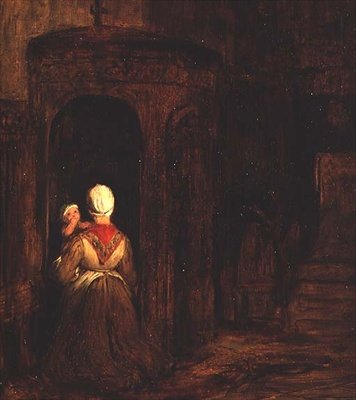Kvinne med en baby som kneler på en skriftestol av David Wilkie