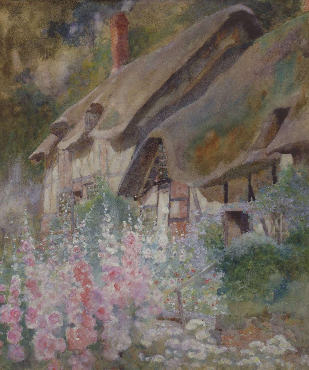 Anne Hathaways Cottage (blyant og wc forhøyet med hvitt på papir) av David Woodlock