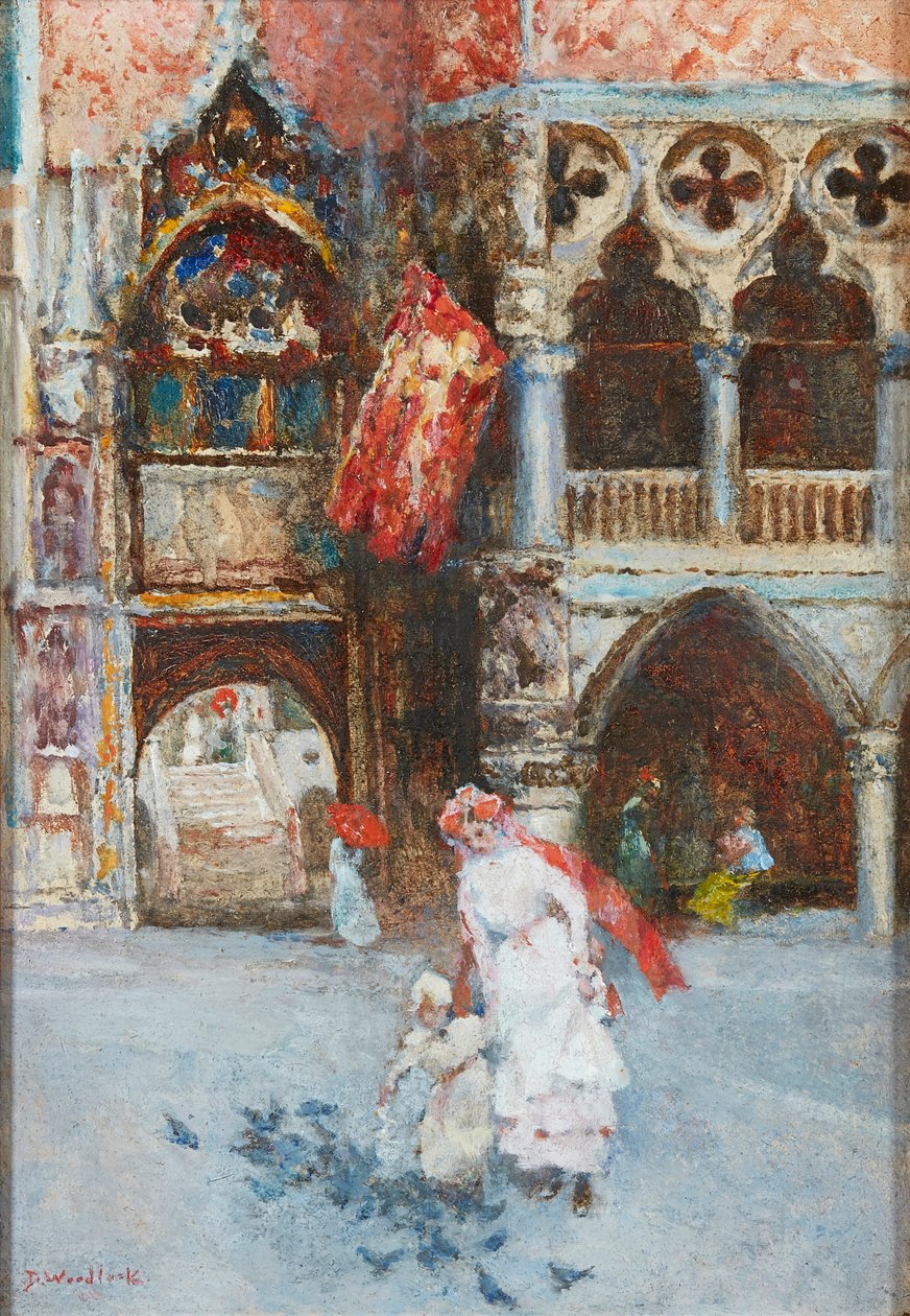Feeding the Pigeons, Markusplassen, Venezia (olje på papp) av David Woodlock