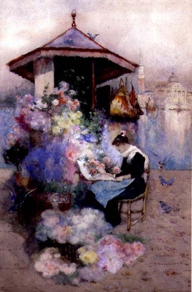 Blomsterselger på Riva, Venezia (akvarell på papir) av David Woodlock
