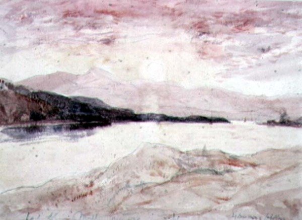Loch Aline, Argyllshire: Utsikt fra nord med øya Mull (wc på papir) av David Young Cameron