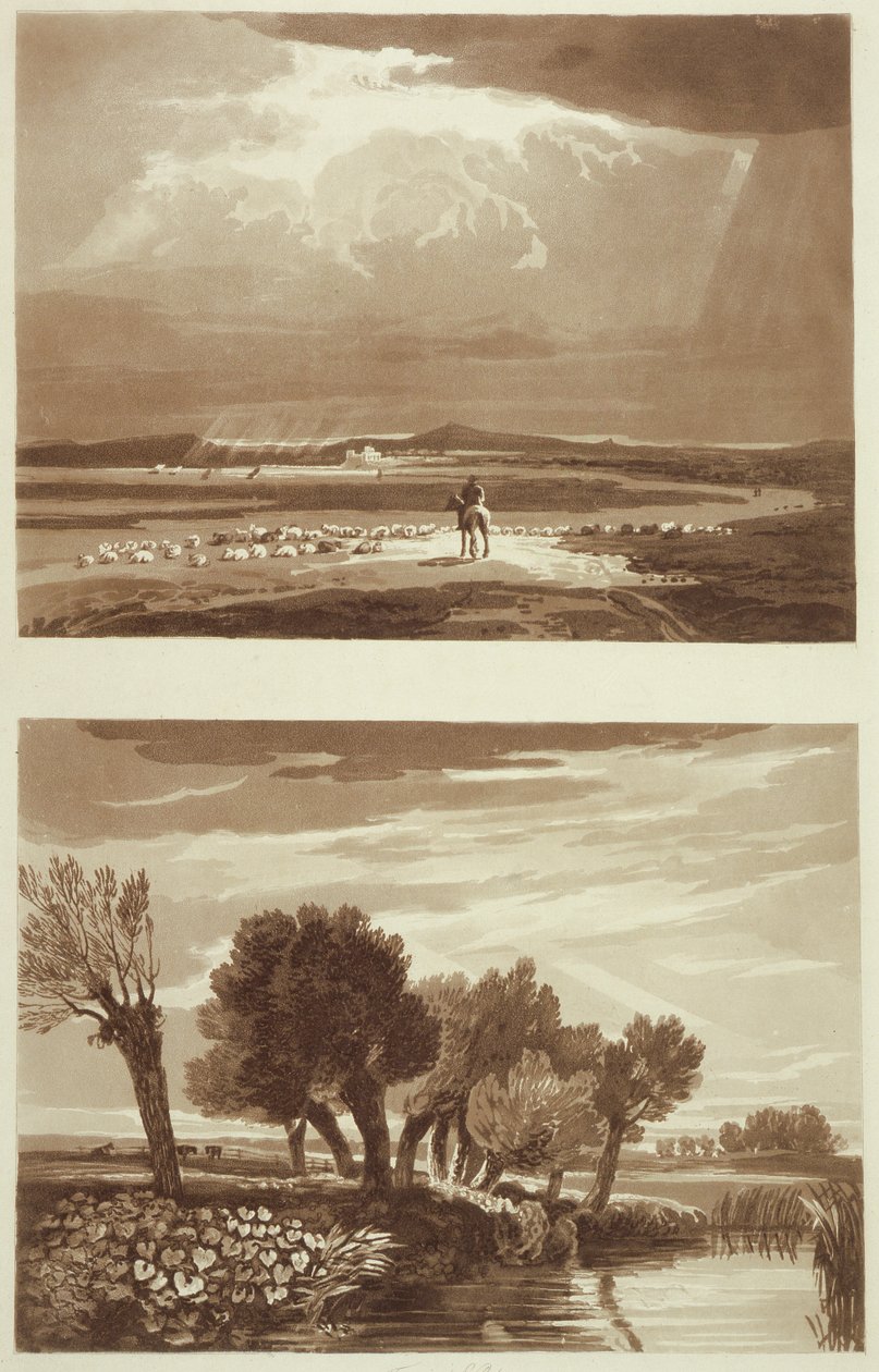 An Effect after a storm... and Transient Effect, View in Battersea Marsh, illustrasjoner fra A Treatise on Landscape and Effect in Water Colours, 1841 (akvatint) av David after Cox
