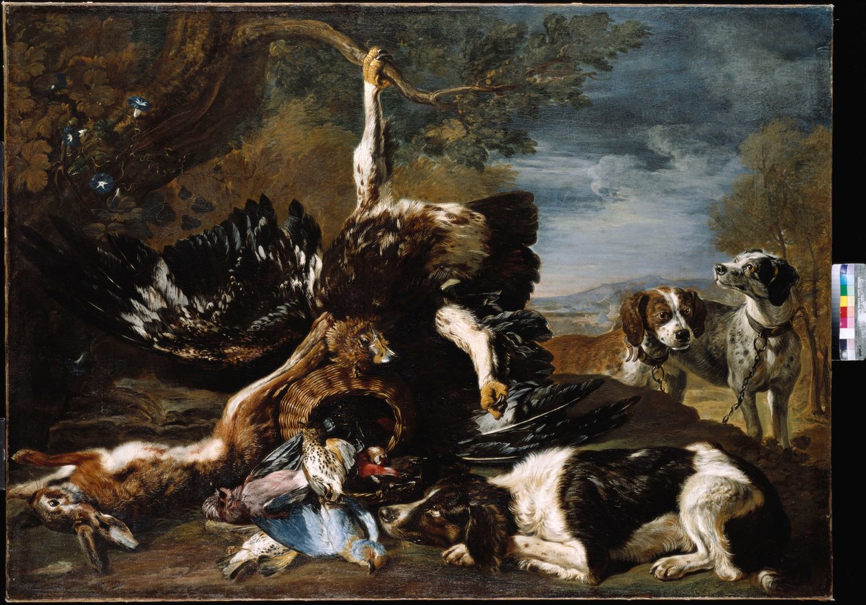 En spaniel, en ørn, en hare og en flettet kurv med en jay, finker og andre fugler oversett av to hunder, et fjellaktig landskap bortenfor av David de Coninck