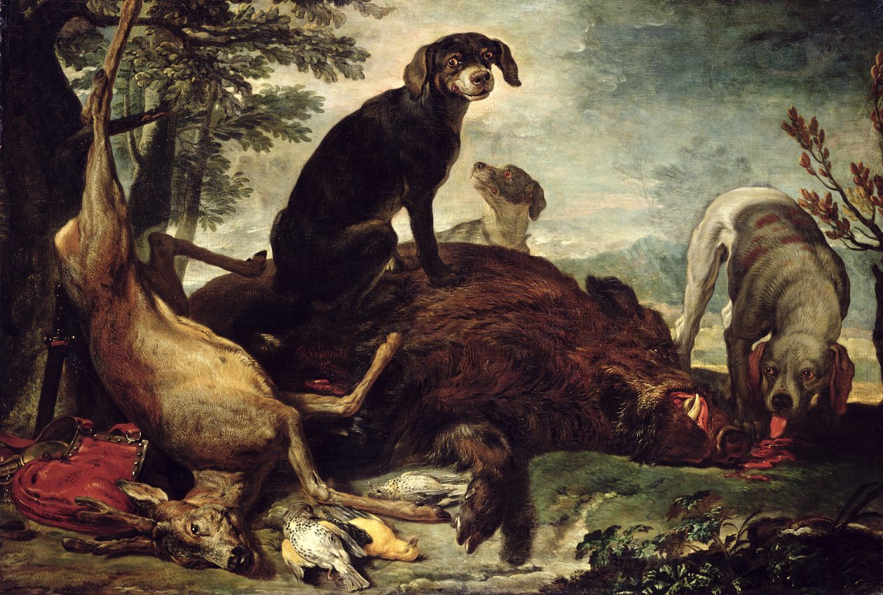 Hunder med drept villsvin og hjort, av David de Coninck