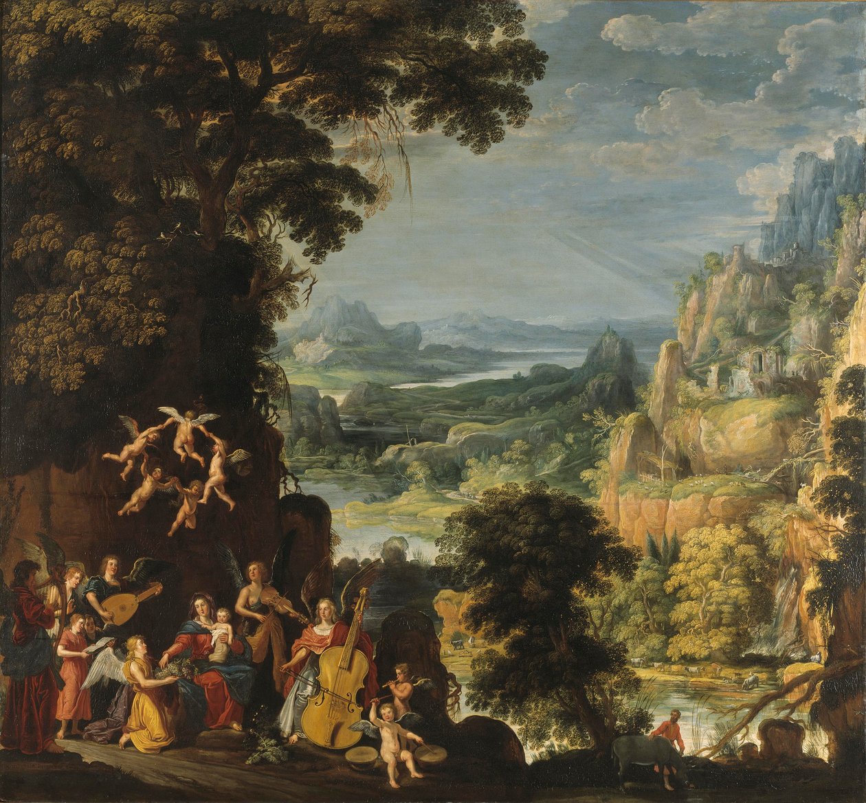 Landskap med flukten inn i Egypt, ca. 1610-40 (olje på eik) av David Teniers the Elder