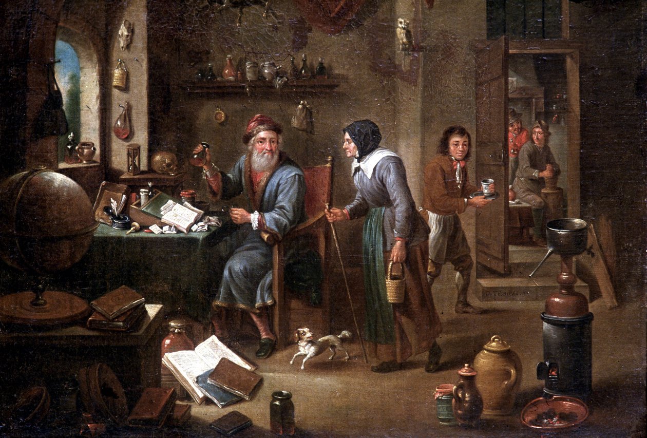 Alkymistens kontor (olje på lerret) av David the Elder Teniers