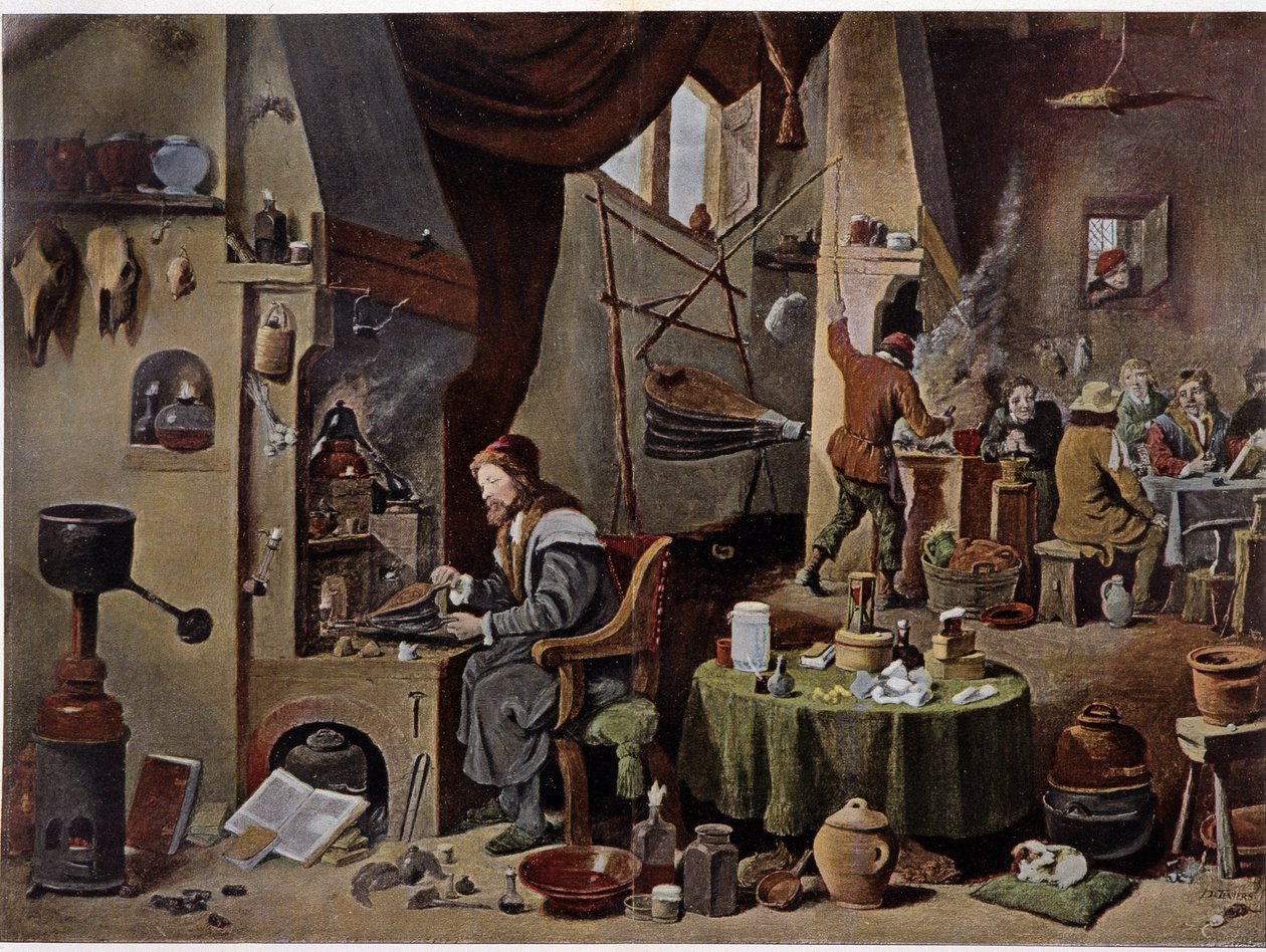 Et alkymistlaboratorium på 1600-tallet - ifølge maleriet til David Téniers den yngre av David the Younger (after) Teniers