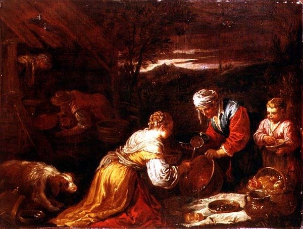Bønder lager mat utenfor en hytte, et vidstrakt landskap utenfor av David the Younger (attr. to) Teniers