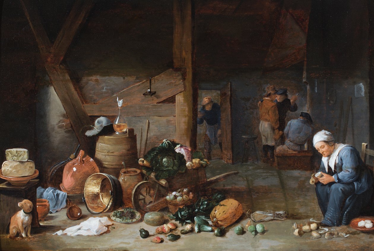 Et kjøkkeninteriør med en kvinne som tilbereder grønnsaker, figurer i samtale bak (olje på panel) av David the Younger (circle of) Teniers