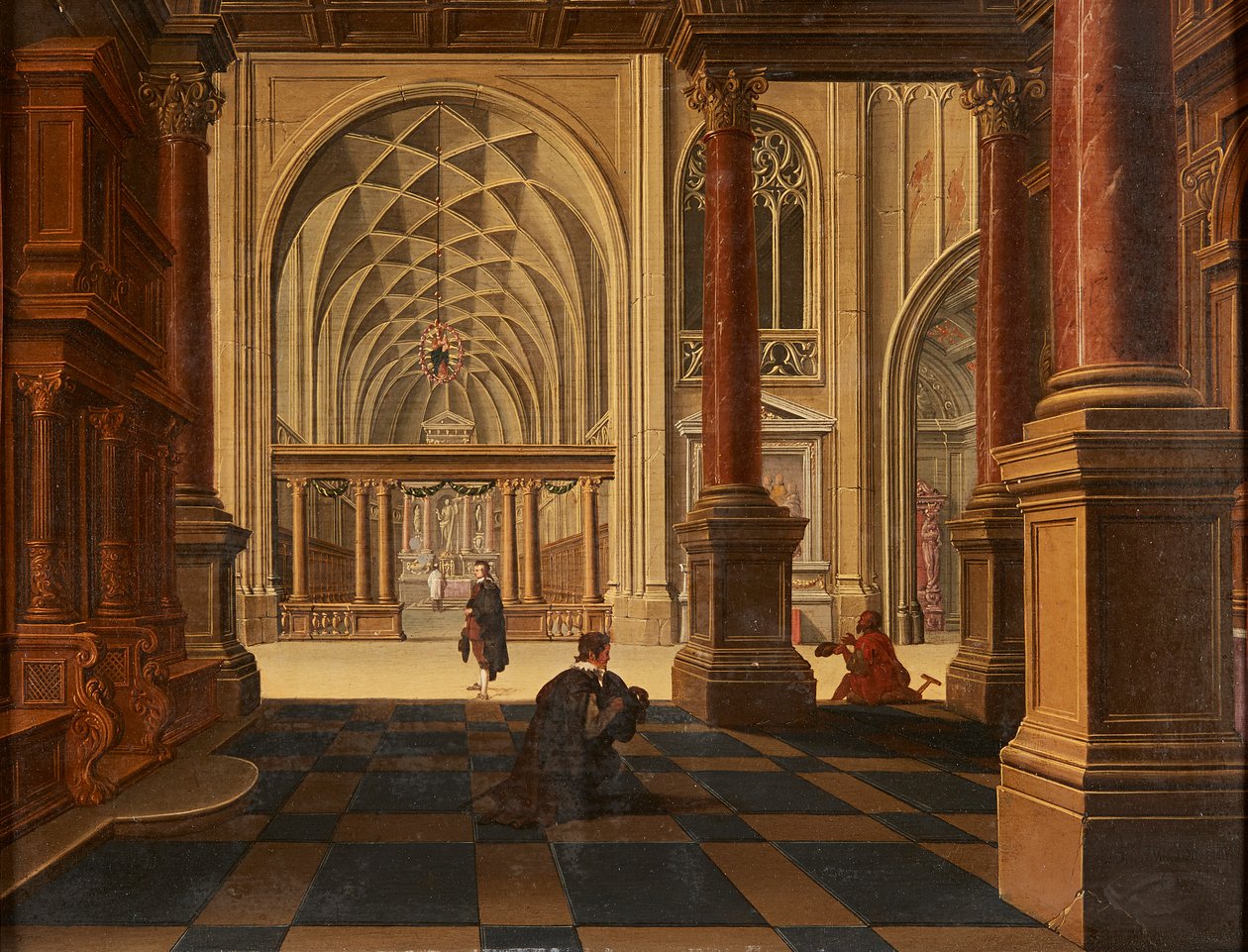 Figurer som samtaler på en sti, slottsruinene bortenfor (olje på panel) av David the Younger (follower of) Teniers
