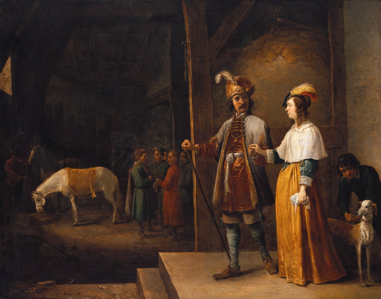 En dame og en gentleman går inn i en stall av David Teniers the Younger