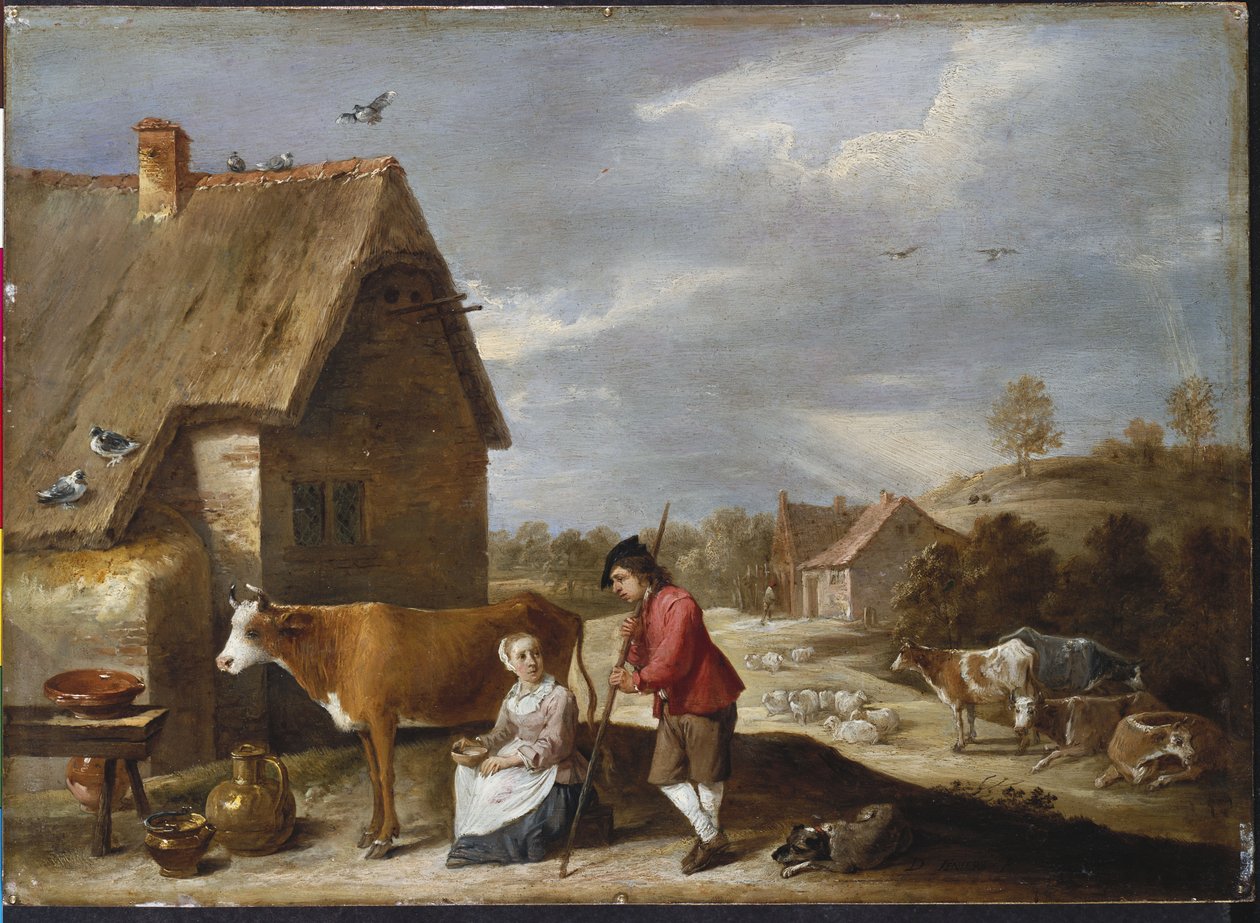 En melkepike og en hyrde utenfor en hytte, sent på 1640-tallet av David Teniers the Younger