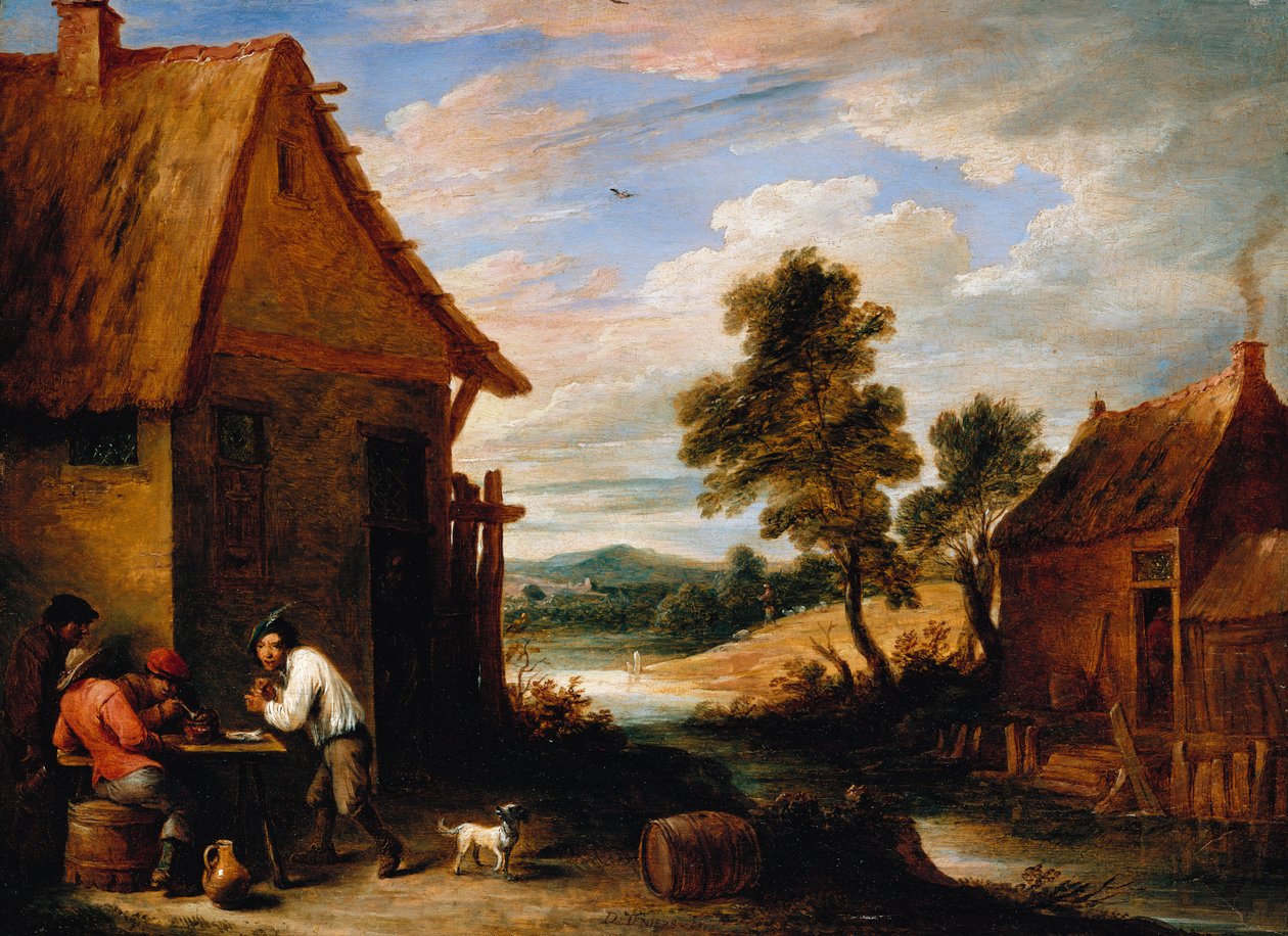 Et elvelandskap med bønder utenfor en taverna av David Teniers the Younger