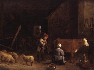 En gjetergutt snakker med en melkepike i en fjøs av David Teniers the Younger