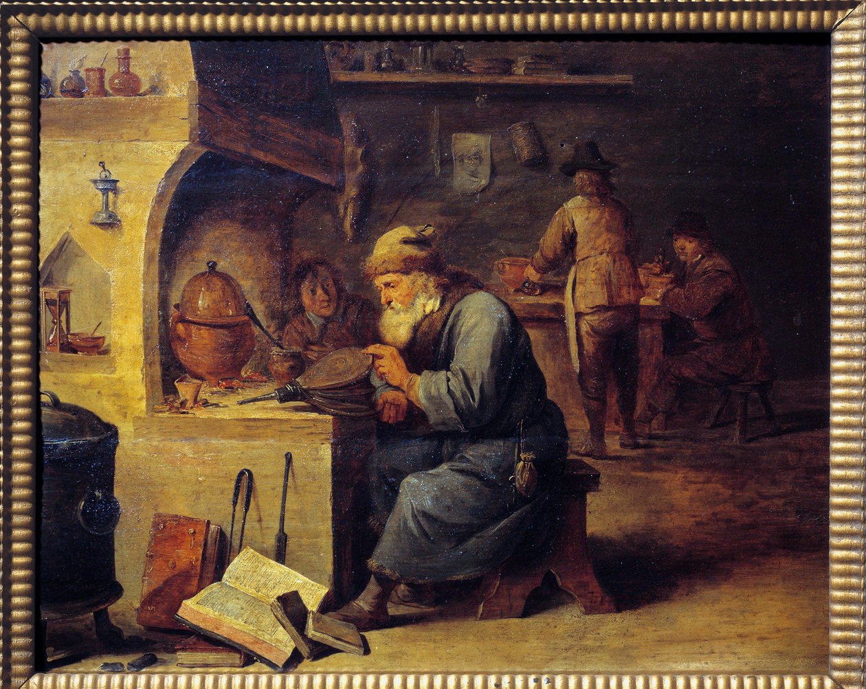 En alkymist. Maleri av David Teniers II kalt David Le Jeune (1610 - 1690), Ec. Flamme av David Teniers the Younger