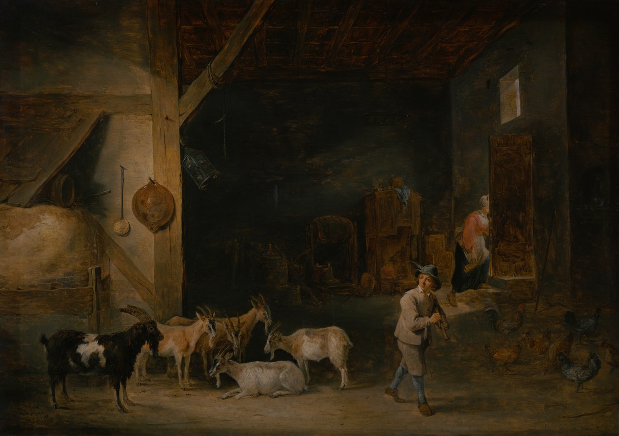 Fjøs med geiter og en gutt som spiller blokkfløyte, ca. 1640-45 av David Teniers the Younger