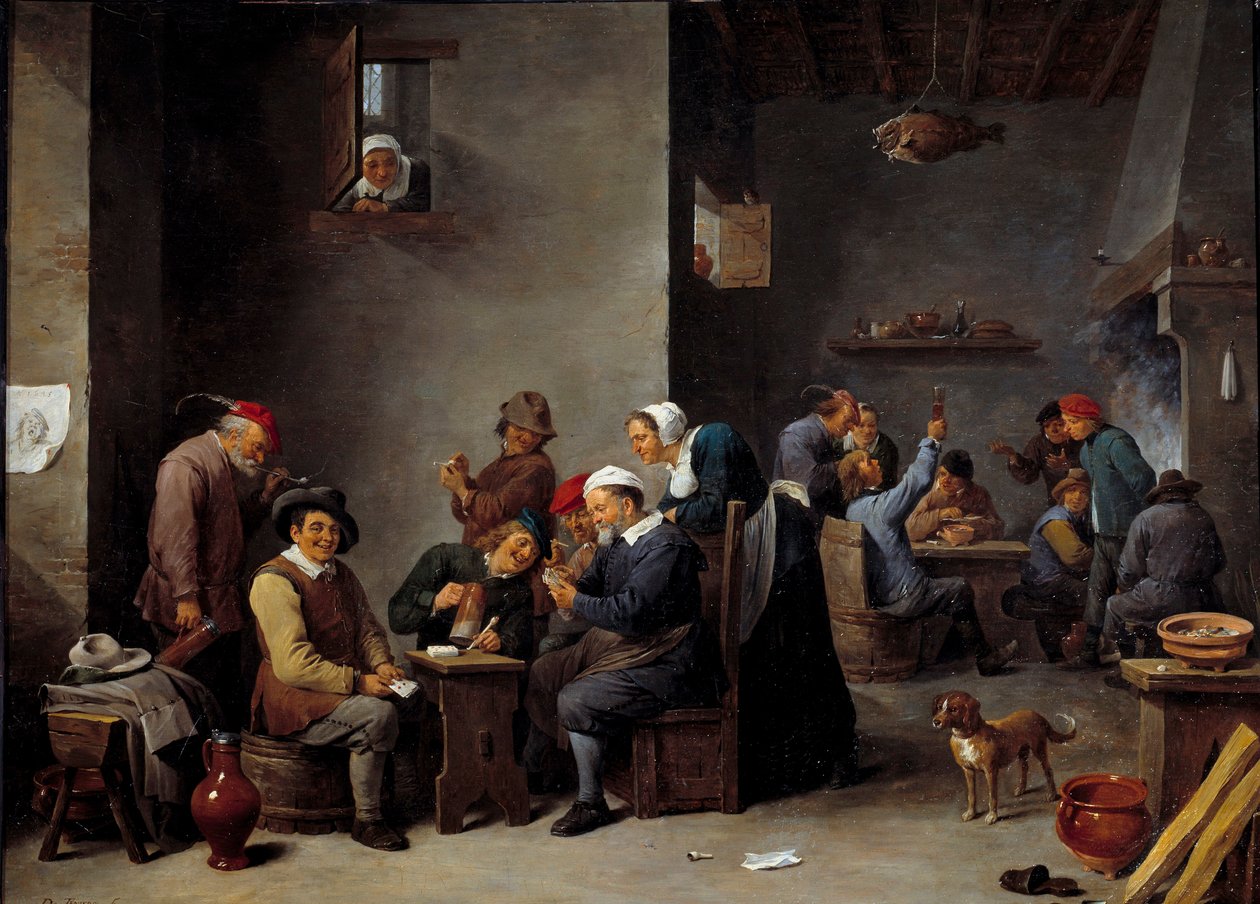Kabaret interiør. Kortspillet. David Teniers II sa The Younger (1610 - 1690) Ec. Flamme. av David Teniers the Younger