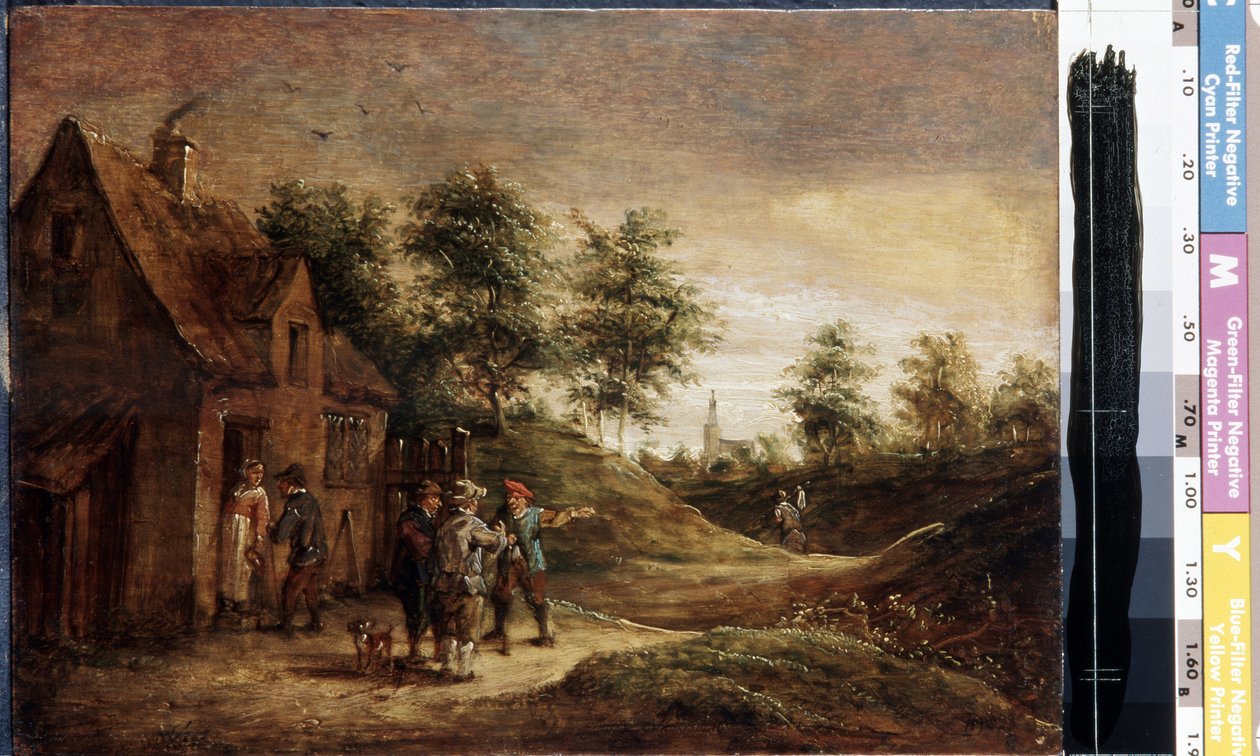 Foran tavernaen (Før tavernaen). Maleri av David Teniers den yngre (1610-1690). Olje på tre av David Teniers the Younger