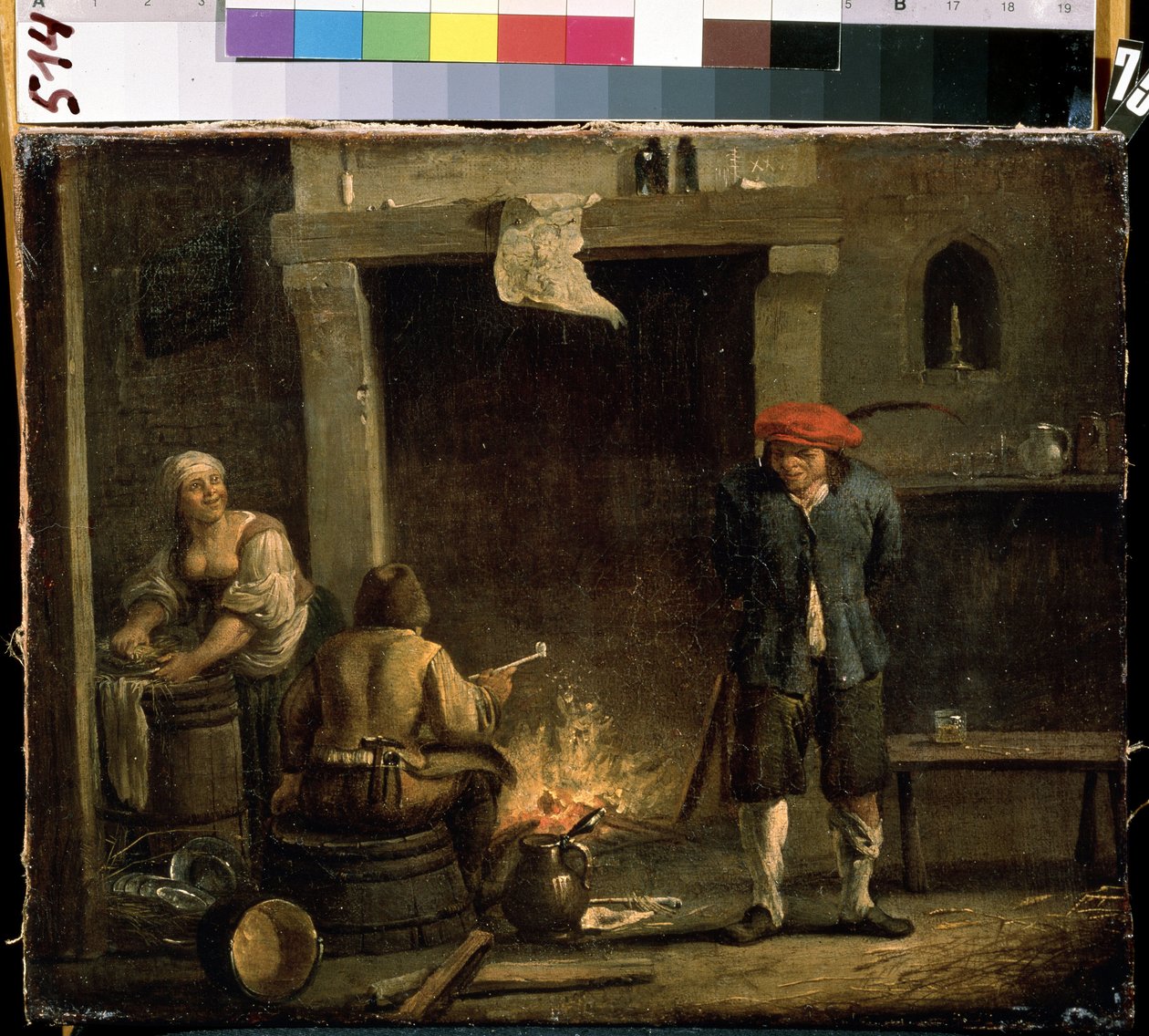 Foran ildstedet (Ved ovnen). Maleri av David Teniers den yngre (1610-1690). Olje på tre, 32 x 53 cm av David Teniers the Younger
