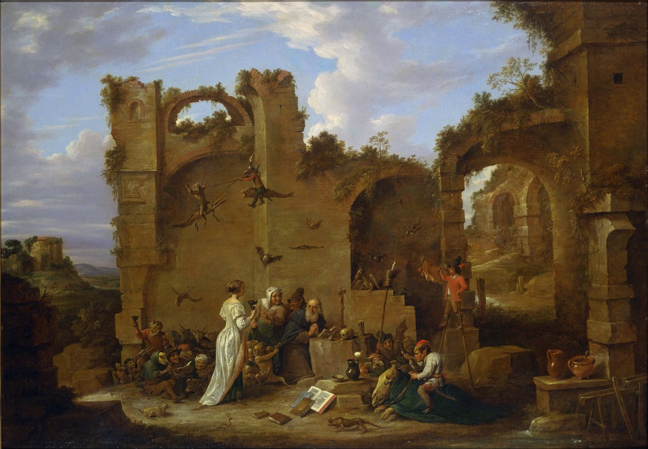 ""The Temptations of Saint Anthony"" Eremitten Saint Anthony the Great (251-356) (eller Saint Anthony the Eremitt eller Saint Anthony the Abbed) led djevelens fristelser i ørkenen. Maleri av David Teniers den yngre (1610-1690) Nasjonalmuseet for vestlig ku av David Teniers the Younger