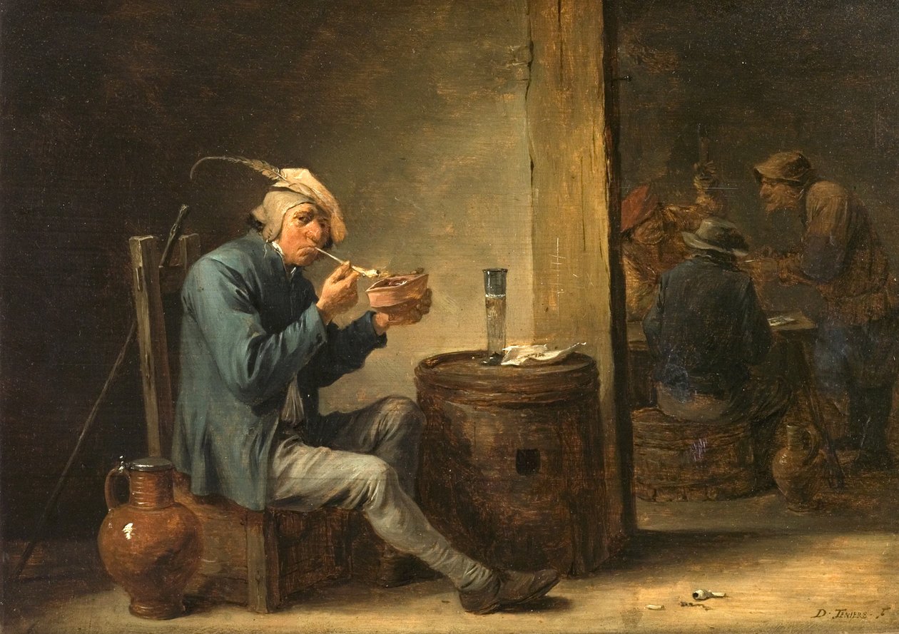 Bonde som røyker i et interiør av David Teniers the Younger