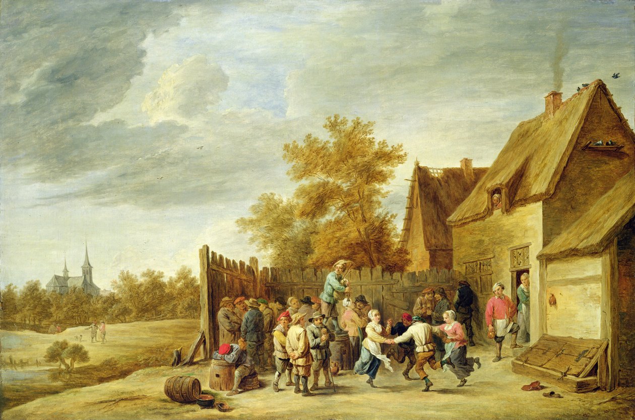Bønder danser utenfor et vertshus (olje på lerret) av David Teniers the Younger