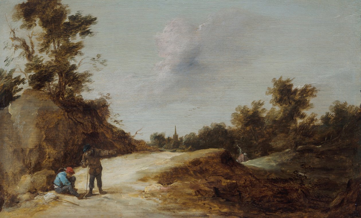 Bønder hviler på en sti i et steinete, skogkledd landskap av David Teniers the Younger