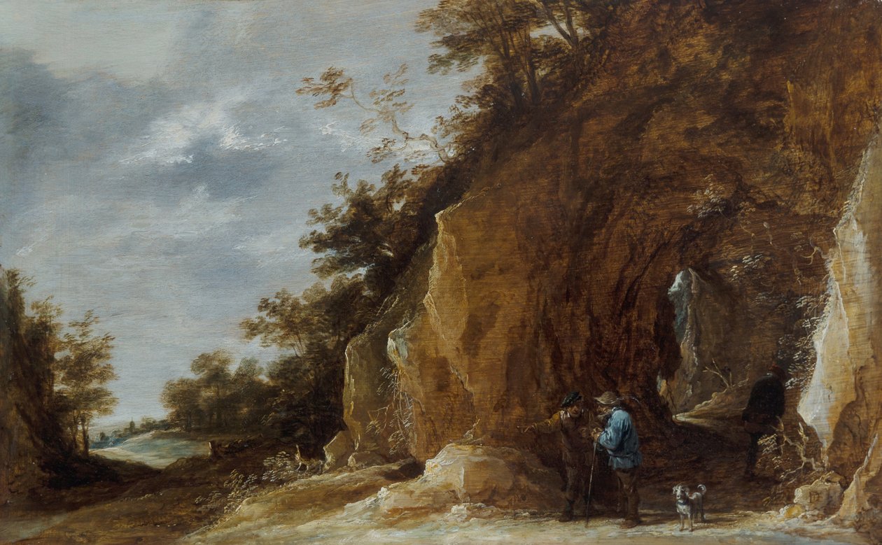 Bønder hviler på en sti i et steinete skogslandskap av David Teniers the Younger