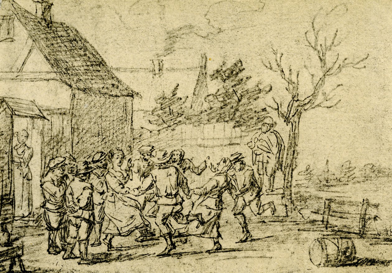 Bønder danser foran et hus av David Teniers the Younger