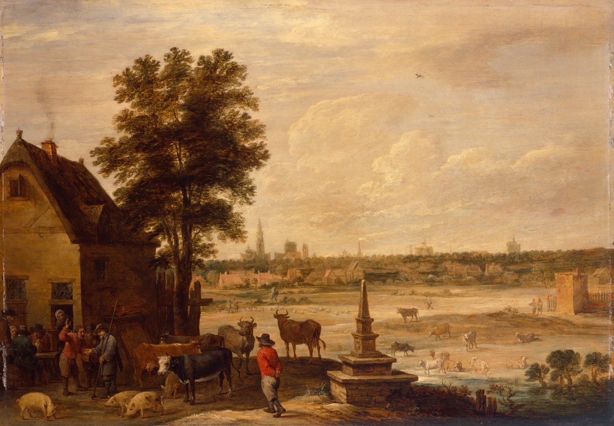 Bønder gjør et kupp om salg av en gris på grensen til byen Antwerpen (olje på panel) av David Teniers the Younger