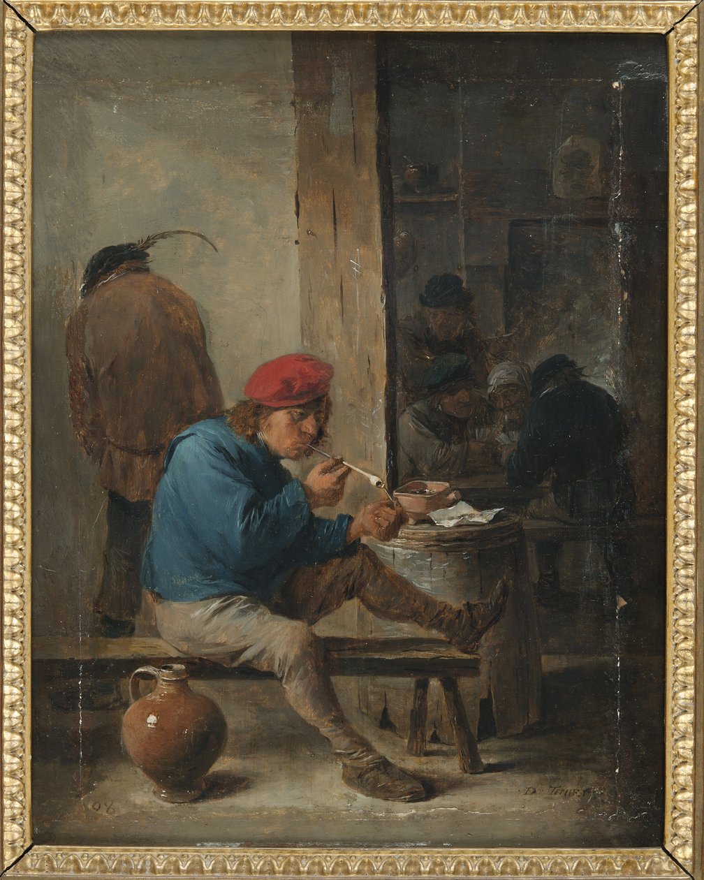 Scene de taverne avec fumeurs - Taverna-scene med røykere, av Teniers, David, the Younger (1610-1690). Olje på tre. Mål: 23,9x19 cm. Nationalmuseum Stockholm av David Teniers the Younger