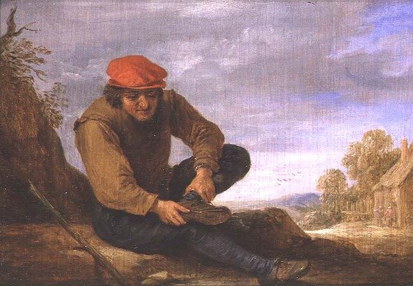 Sittende mann tar av seg skoen (panel) av David Teniers the Younger