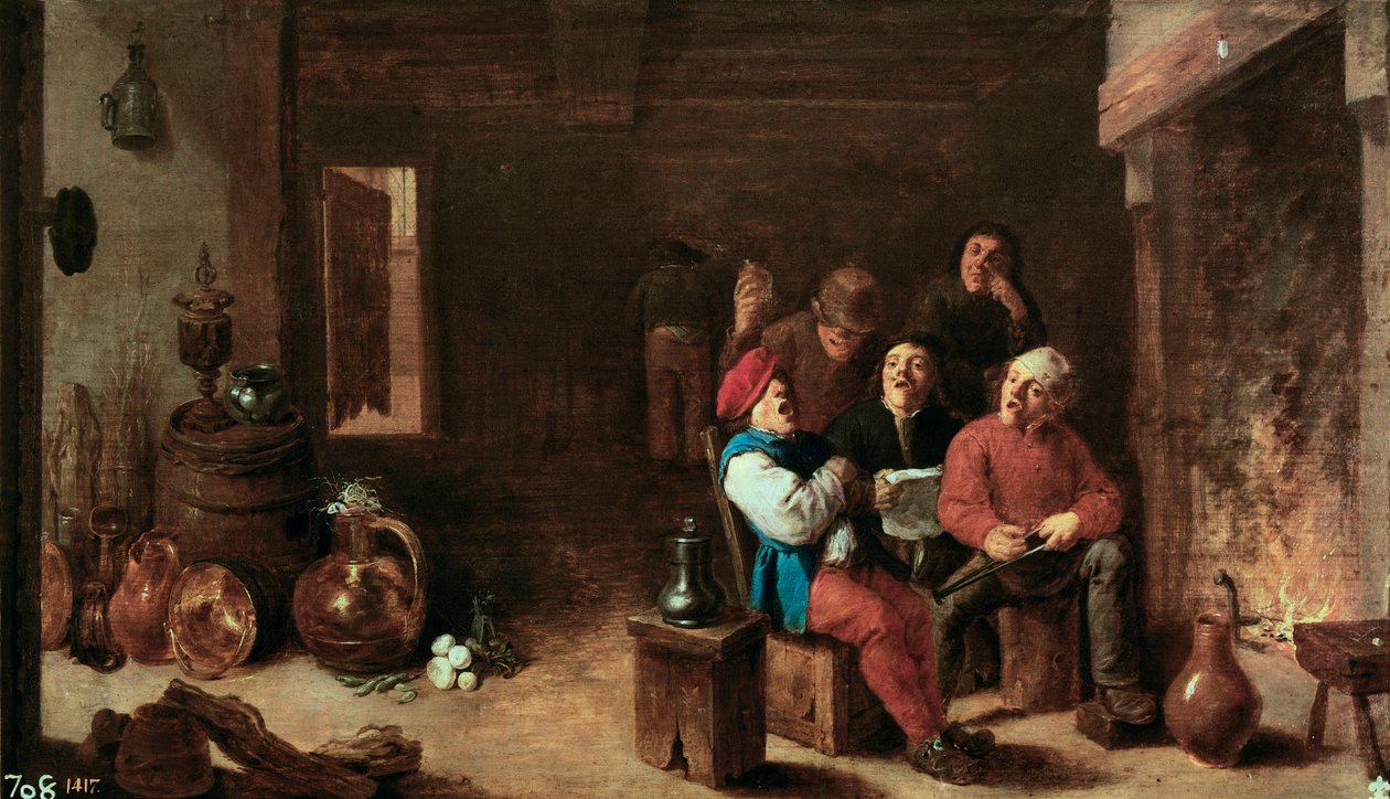 Sang på kjøkkenet. Maleri av David Teniers II den unge (1610-1690). Olje på tre, ca 1633, flamsk kunst. Prado-museet, Madrid. av David Teniers the Younger