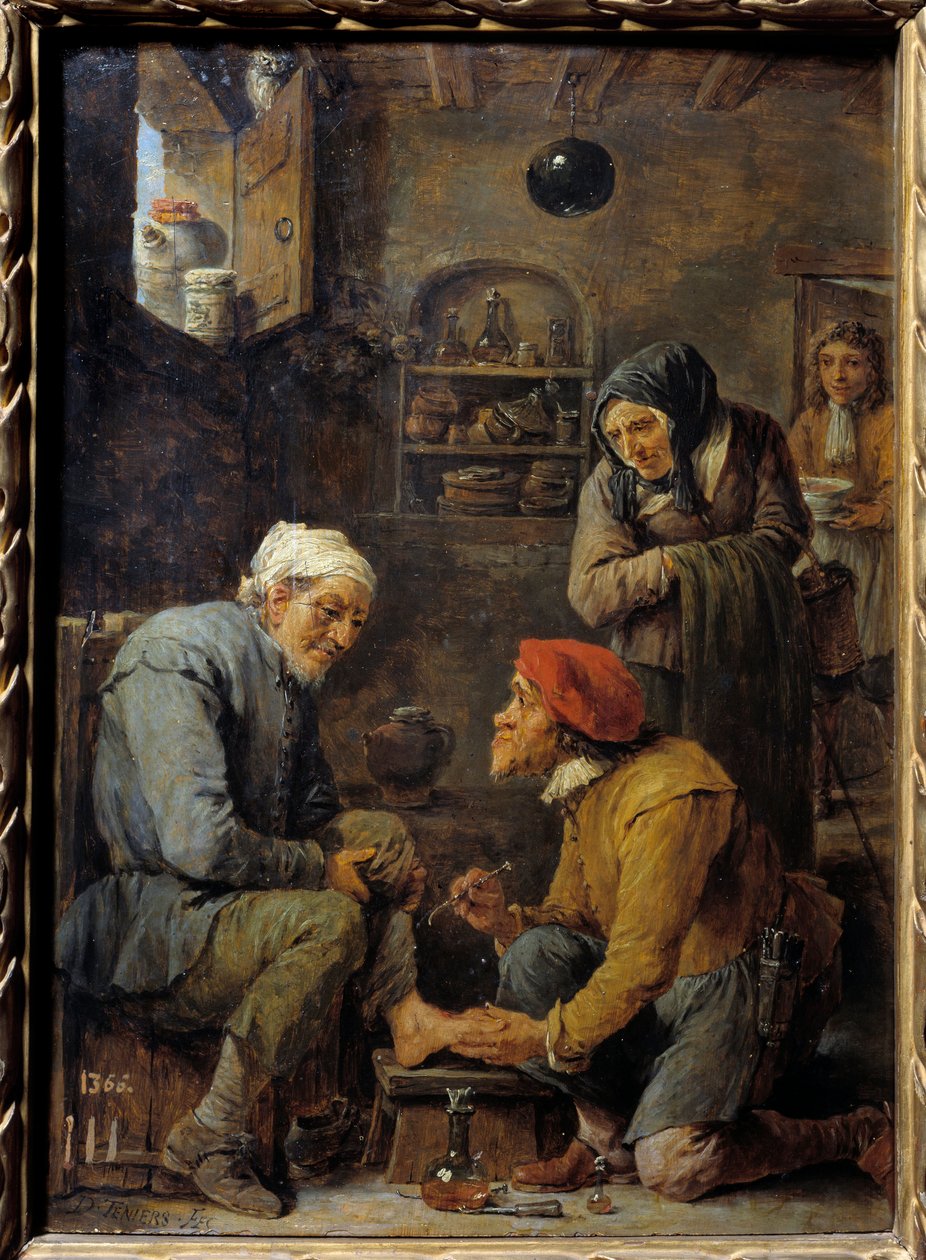 Kirurgi En mann pågrepet for å åpne pasientens fot. Maleri av David Teniers II den unge (1610-1690) Søn fra 1600-tallet. 0,33x0,25 m Madrid, Prado-museet av David Teniers the Younger