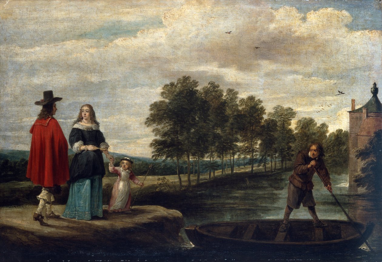 The Artist, his Wife and Child by the Moat of his Mansion, Perck (olje på lerret) av David Teniers the Younger
