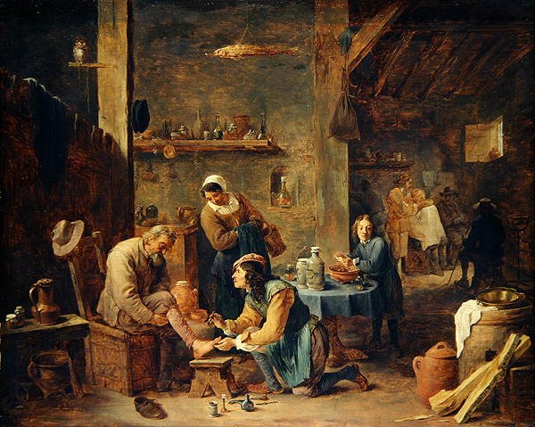 The Barbers Shop (olje på eik) av David Teniers the Younger