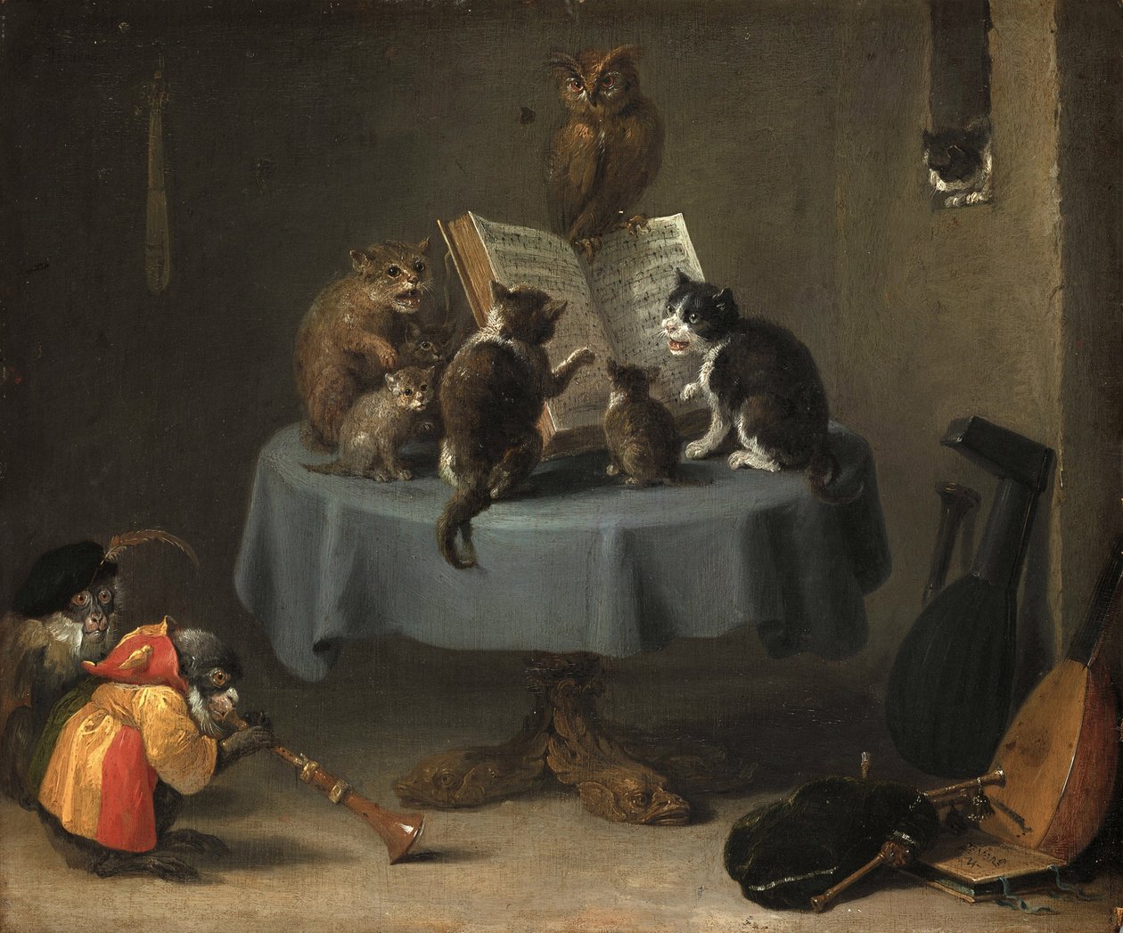 The Concert of Cats par Teniers, David, the Younger (1610-1690). Olje på tre, størrelse: 26x31,5 av David Teniers the Younger